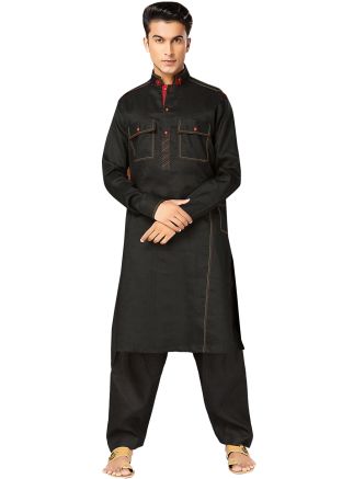 Readymade Black Cotton Pathani Suit