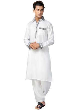 Readymade White Pathani Suit In Cotton