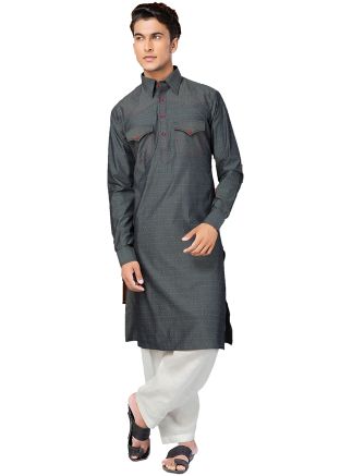 Grey Cotton Readymade Pathani Suit