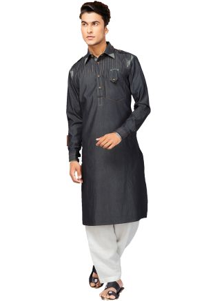 Grey Readymade Cotton Pathani Suit