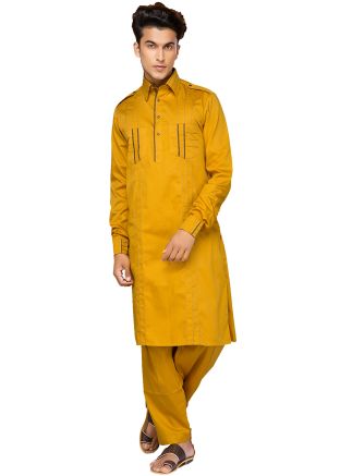 Yellow Cotton Readymade Pathani Suit