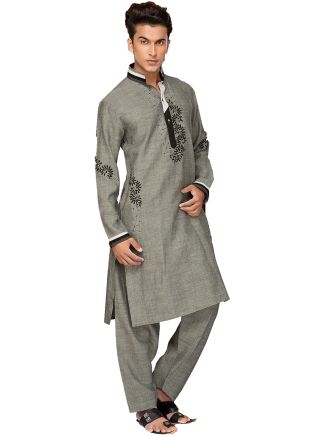 Grey Embroidered Readymade Pathani Suit