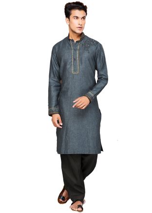 Grey Readymade Cotton Pathani Suit