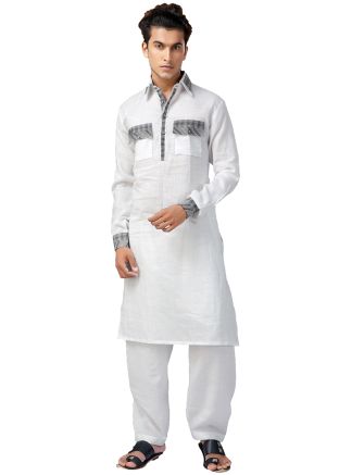 White Cotton Readymade Pathani Suit