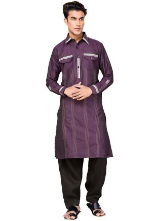 Purple Readymade Thread Work Pathani Suit