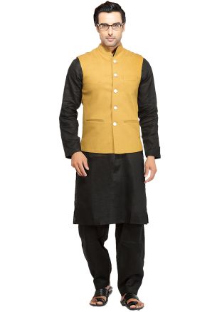 Black Cotton Pathani Suit With Nehru Jacket