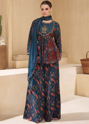 Blue Printed Palazzo Salwar Suit In Crape