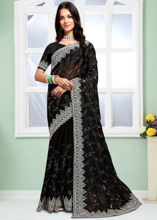Black Sequins Embellished Organza Saree
