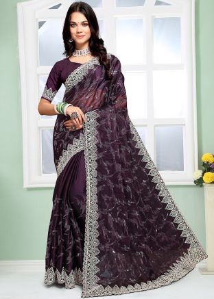 Purple Organza Saree In Sequins Embellishment