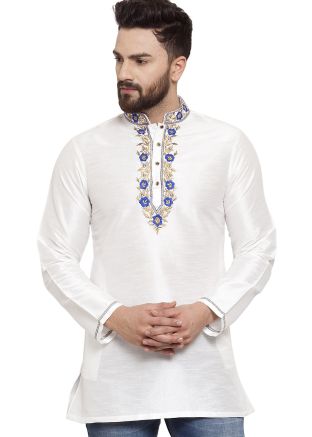White Dupion Silk Embroidered Short Kurta
