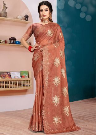Rust Brown Embroidered Organza Saree