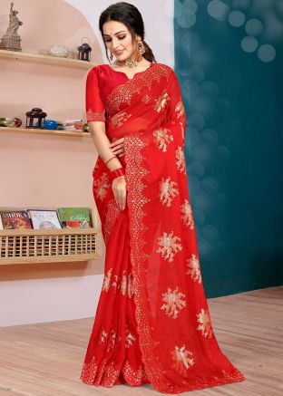 Red Sequins Embellished Saree & Blouse