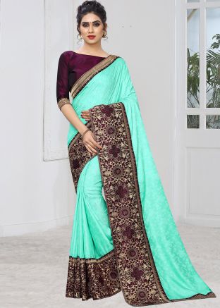 Aqua Blue Embroidered Border Jacquard Saree