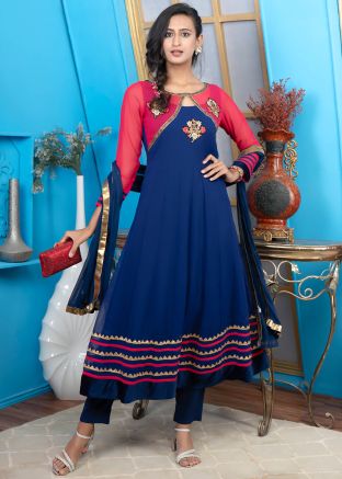 Readymade Midnight Blue Lace Work Anarkali Suit Set