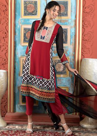 Readymade Maroon Printed Pant Suit Set In Georgette