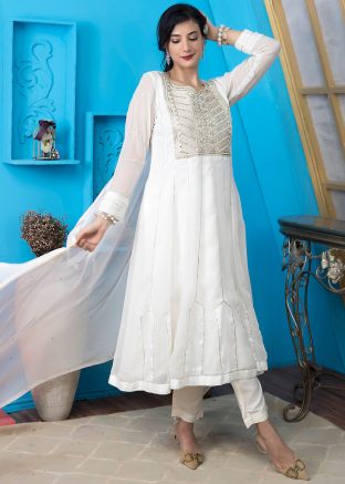 Readymade Off White Embroidered Anarkali Suit Set