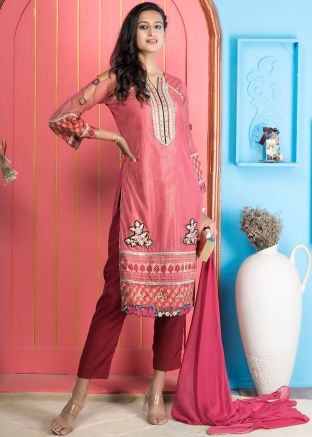 Readymade Pink Embroidered Net Pant Suit Set