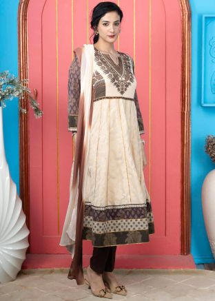 Beige Printed Readymade Anarkali Suit In Silk