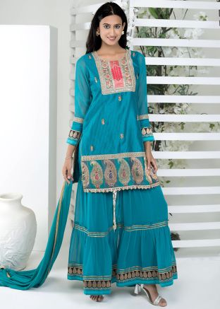 Readymade Turquoise Embroidered Sharara Suit Set
