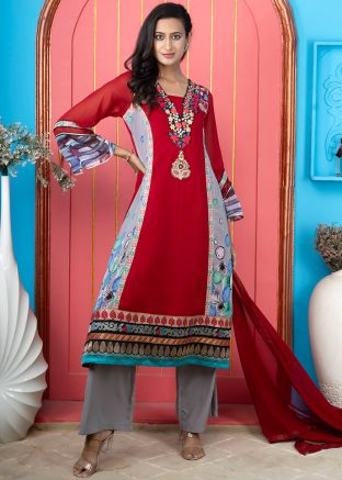 Readymade Maroon Embroidered Palazzo Style Suit