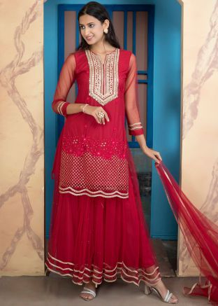 Pink Embroidered Readymade Sharara Style Suit In Net