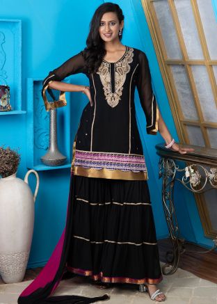 Readymade Black Embroidered Sharara Suit In Georgette