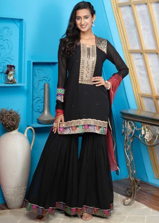 Black Readymade Embroidered Sharara Style Suit In Geogette