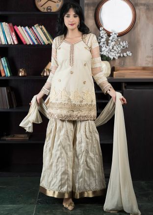 Readymade Beige Embroidered Net Sharara Style Suit