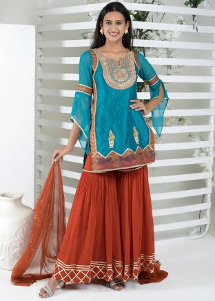 Turquoise Readymade Embroidered Sharara Suit Set