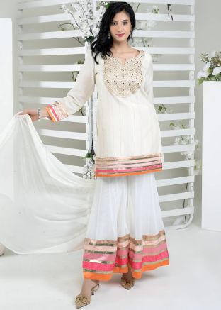 Readymade Off White Embroidered Art Silk Sharara Suit