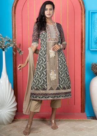 Readymade Brown Printed Pant Suit Set In Silk