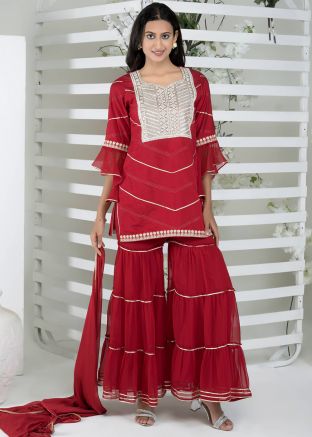 Readymade Maroon Embroidered Sharara Suit Set