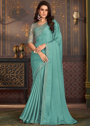 Blue Embroidered Saree In Art Silk