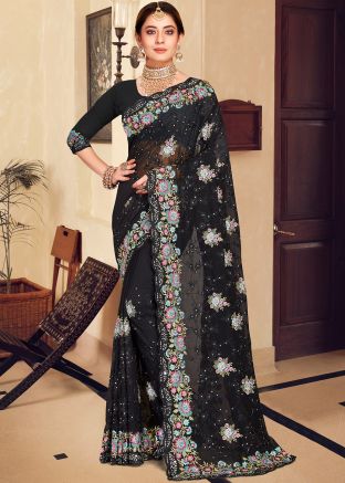 Black Embroidered Saree In Georgette