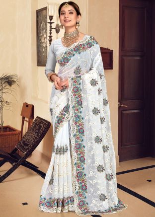 White Embroidered Saree In Georgette