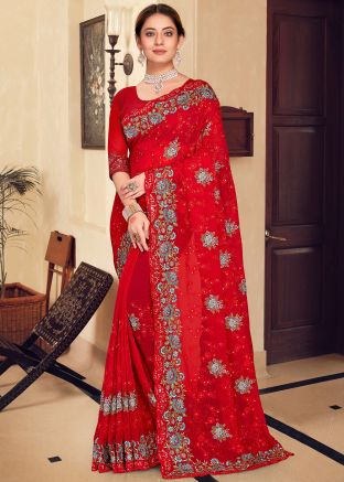 Red Embroidered Saree In Georgette