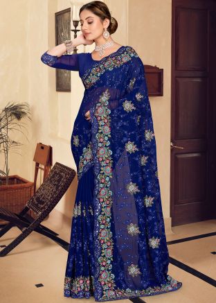 Blue Embroidered Saree In Georgette