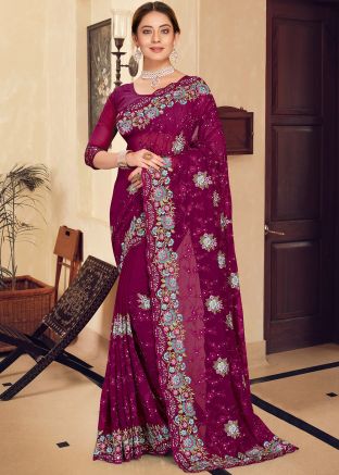 Magenta Embroidered Saree In Georgette