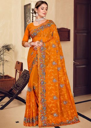 Yellow Embroidered Saree In Georgette