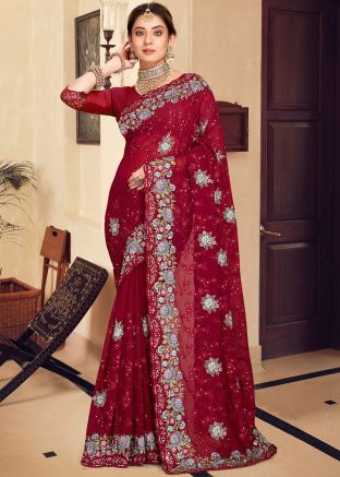 Red Embroidered Saree In Georgette