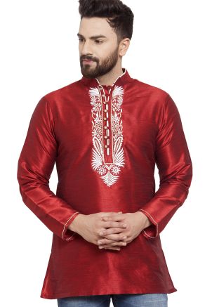 Maroon Readymade Embroidered Short Kurta
