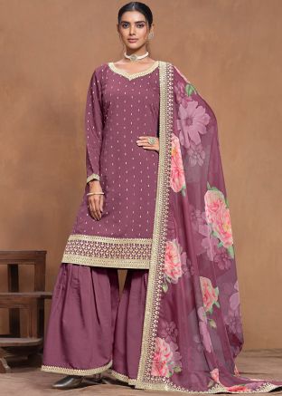 Mauve Pink Embroidered Art Silk Gharara Suit