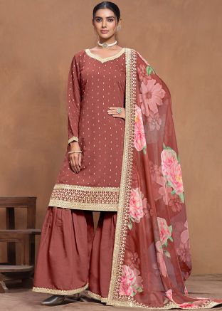 Brown Art Silk Gharara Suit In Thread Embroidery