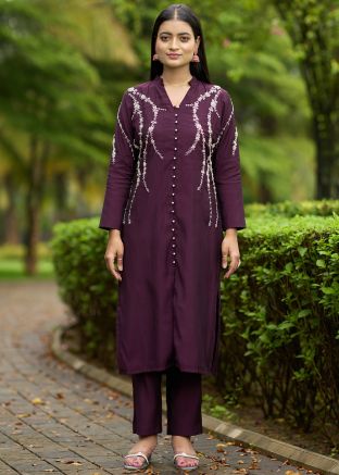 Purple Beads Work Readymade Art Silk Pant Suit