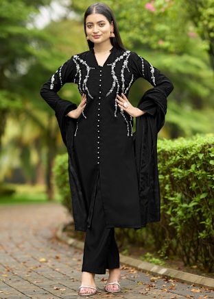 Black Beads Work Readymade Pant Suit In Art Silk