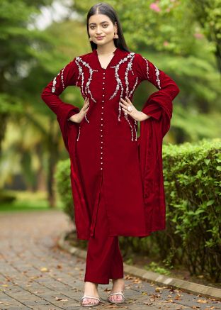 Maroon Art Silk Readymade Pant Suit In Beads Work