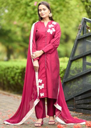Pink Embroidered Readymade Art Silk Pant Suit
