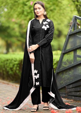 Black Embroidered Readymade Pant Suit In Art Silk