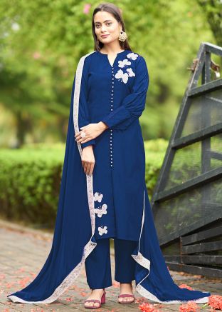 Blue Embroidered Art Silk Readymade Pant Suit Set