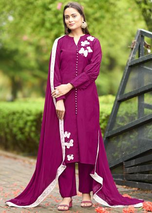 Purple Embroidered Readymade Art Silk Pant Suit